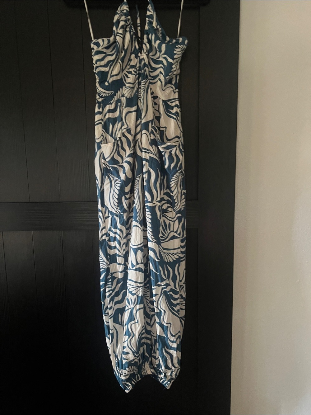 mahina Blue and White Halter Jumpsuit with Tropical Print